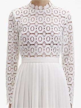 Self Portrait White Lace Long-Sleeve Pleated Midi Dress